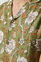 Men Ornate Floral Print Shirt in Olive Large