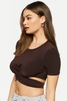 Women's Short-Sleeve Crossover Crop Top in Dark Brown Medium