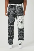 Men Satin Paisley Print Slim-Fit Pants in Black/Cream, 32