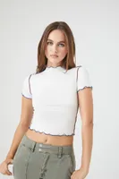 Women's Lettuce-Edge Mock Neck T-Shirt in White Large