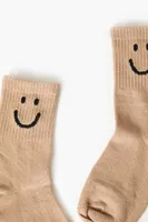 Kids Happy Face Graphic Crew Socks (Girls + Boys) in Tan/Black