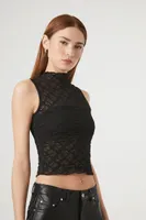 Women's Mock Neck Lace Crop Top in Black, XS