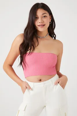 Women's Sweater-Knit Cropped Tube Top in Hot Pink Large