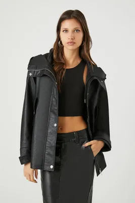 Women's Faux Leather Hooded Jacket in Black Large