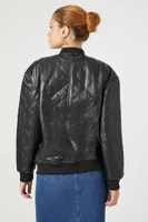 Women's Faux Leather Quilted Bomber Jacket in Black Small