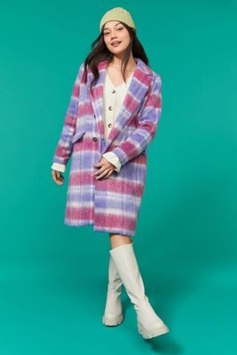 Women's Brushed Plaid Duster Coat in Purple Large