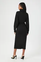 Women's Tie-Waist Turtleneck Sweater Midi Dress in Black Large