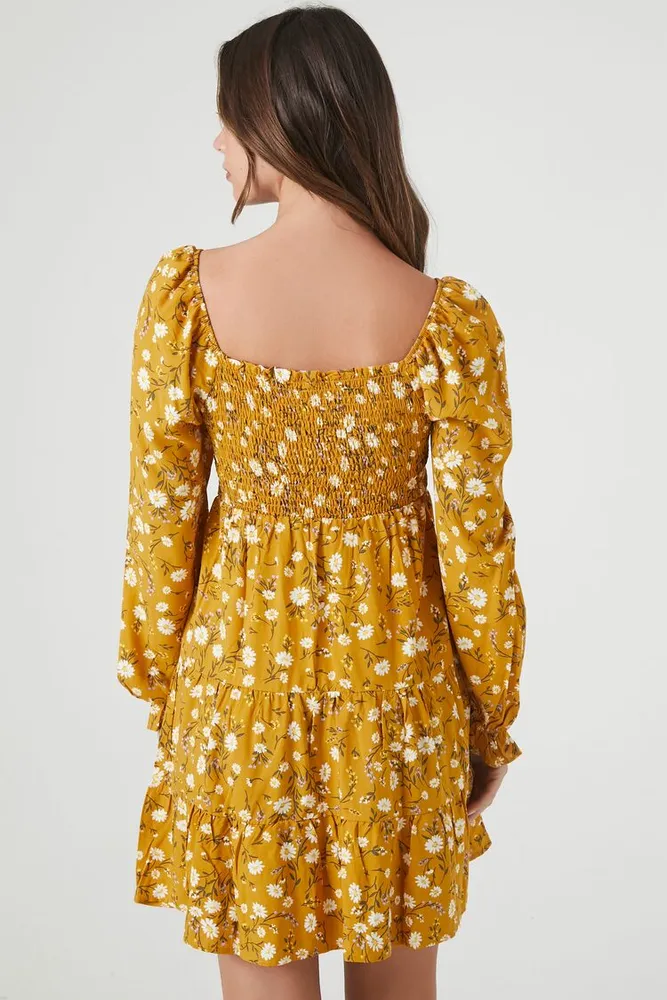 Women's Smocked Floral Print Mini Dress in Mustard Large