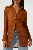 Women's Sheer Crinkled Oversized High-Low Shirt in Brown Small