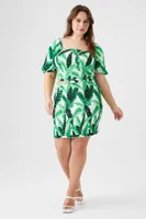 Women's Tropical Leaf Print Top in Green, 2X