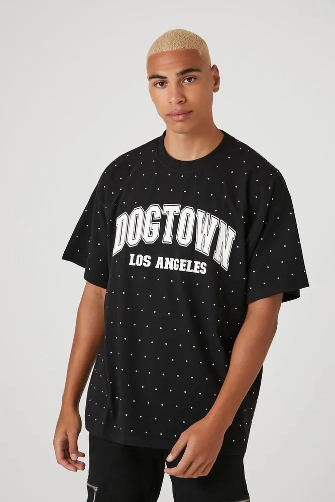 Men Rhinestone Dogtown Graphic Tee in Black, XL