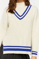 Women's Mock Neck Varsity Sweater in Cream/Blue Large