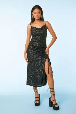 Women's Sequin Cowl Slit Midi Dress Black