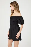 Women's Off-the-Shoulder Peasant Mini Dress in Black Small