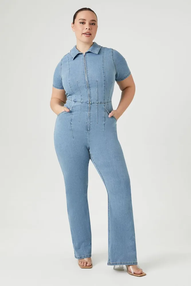 Women's Denim Zip-Up Jumpsuit in Light Denim, 3X