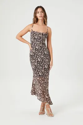 Women's Paisley Print Chiffon Midi Dress in Brown, XS