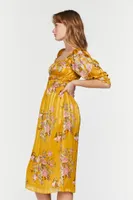 Women's Chiffon Floral Print Midi Dress in Yellow, XS