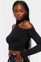 Women's Ribbed Open-Shoulder Crop Top in Black, M/L