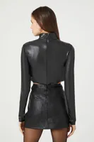 Women's Faux Leather Mock Neck Crop Top in Black Medium
