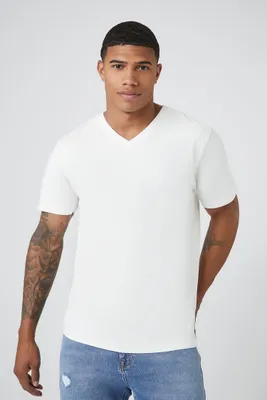 Men Organically Grown Cotton Basic V-Neck T-Shirt in White Medium