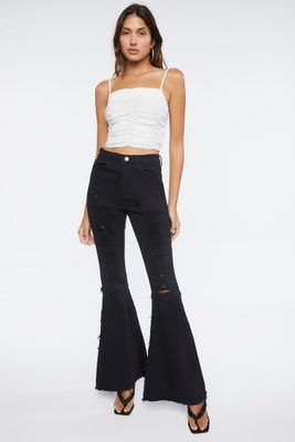 Women Distressed High-Rise Flare Jeans in Black, 9