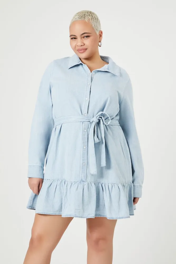 Women's Denim Flounce Shirt Dress in Light Denim, 1X