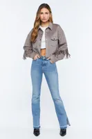 Women's Faux Suede Fringe Trucker Jacket Taupe