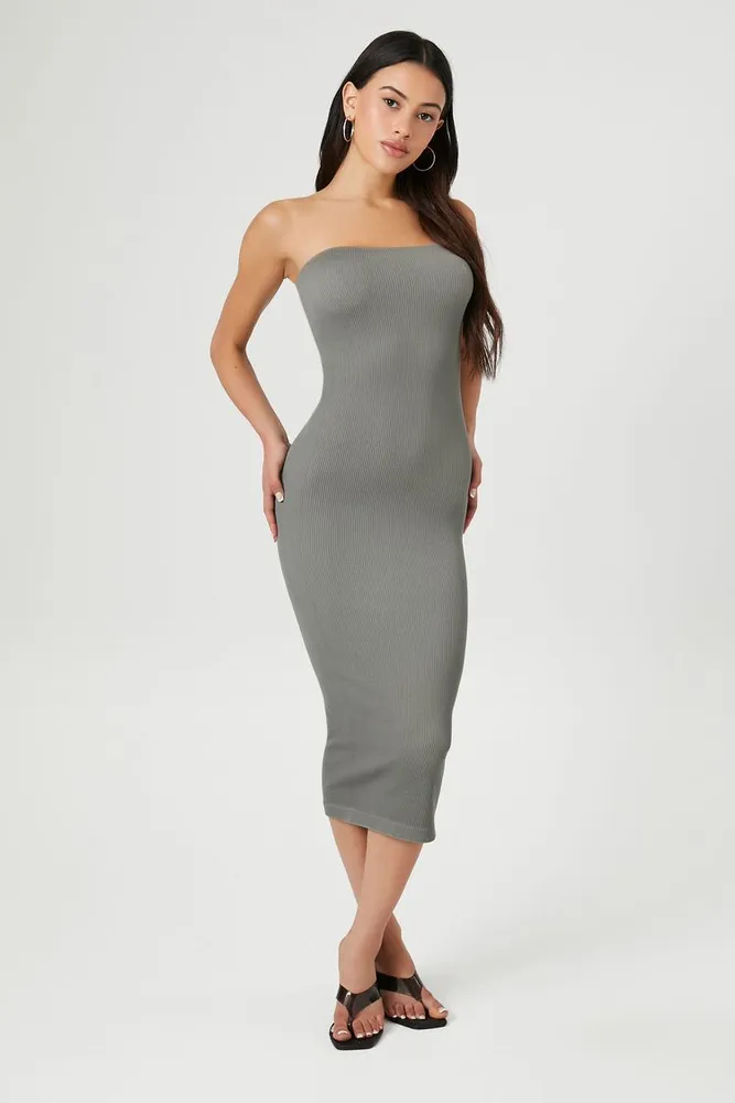 Women's Seamless Midi Tube Dress in Dark Olive, XL