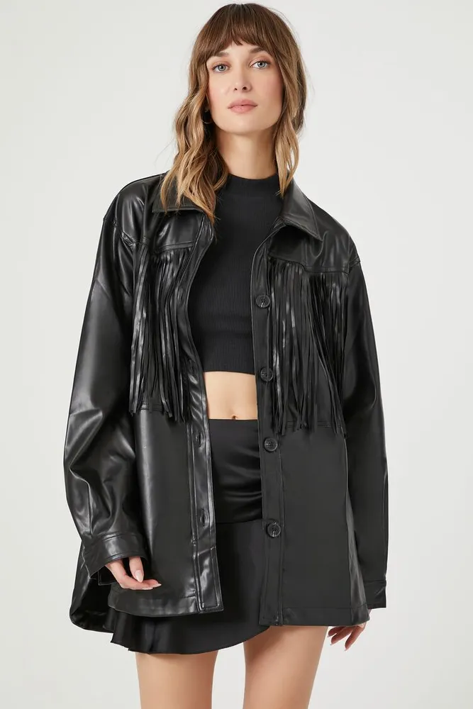 Women's Faux Leather Fringe Shacket Black