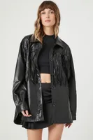 Women's Faux Leather Fringe Shacket in Black Medium