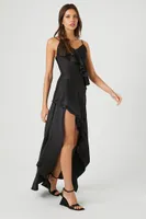 Women's Satin Ruffle High-Low Dress in Black Small