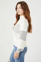 Women's Striped Mock Neck Sweater in White/Dark Grey Small