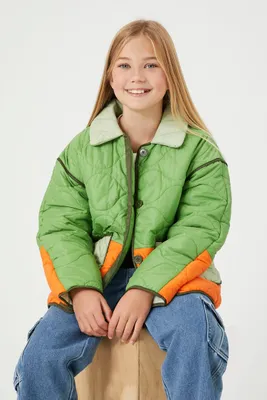 Girls Quilted Colorblock Puffer Jacket (Kids) in Green, 13/14