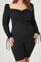 Women's Ruched Long-Sleeve Romper in Black, 2X