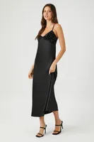 Women's Sequin Satin Midi Slip Dress in Black Small