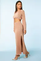 Women's Ribbed Top & Maxi Skirt Set in Rose Gold, XL