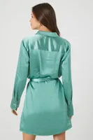 Women's Satin Tie-Waist Mini Shirt Dress in Stone Blue Small