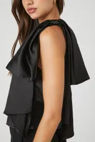 Women's Satin One-Shoulder Bow Top in Black Small