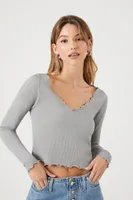 Women's Lettuce-Edge Long-Sleeve Top in Grey, M/L