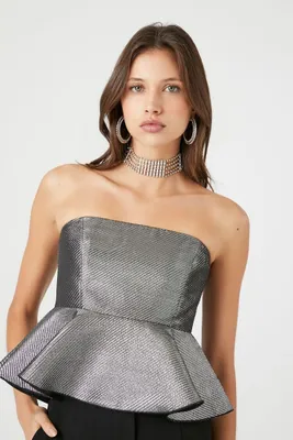 Women's Metallic Peplum Tube Top in Silver Small