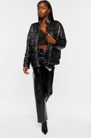 Women's Faux Leather Quilted Zip-Up Jacket in Black Small