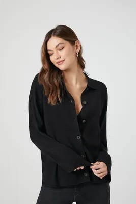 Women's Ribbed Knit Long-Sleeve Shirt in Black Large