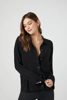 Women's Ribbed Knit Long-Sleeve Shirt in Black Small