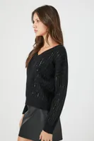 Women's Sequin V-Neck Sweater in Black/Silver Small