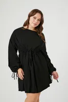 Women's Drawstring Peasant-Sleeve Mini Dress in Black, 0X