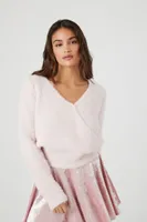 Women's Fuzzy Knit Surplice Sweater in Pink Medium