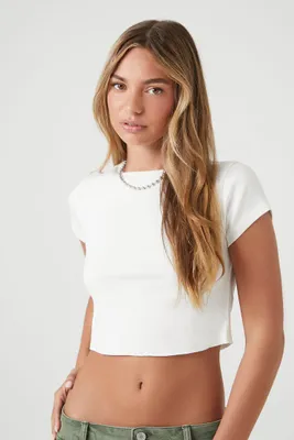 Women's Cropped Rib-Knit T-Shirt in White, XL