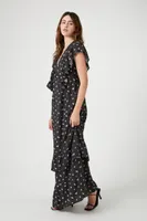 Women's Floral Butterfly-Sleeve Maxi Dress in Black/Pink Large