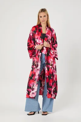 Women's Satin Abstract Print Kimono in Red Small