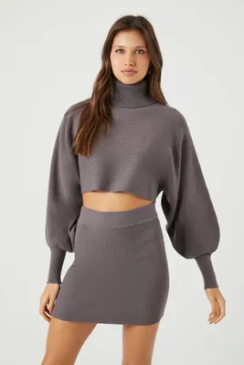 Women's Sweater-Knit Turtleneck Top & Skirt Set in Charcoal Medium